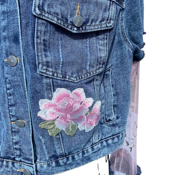 Custom Jean Jacket with Inlayed Embroidered Mesh Sz L NWT - Picture 2 of 14